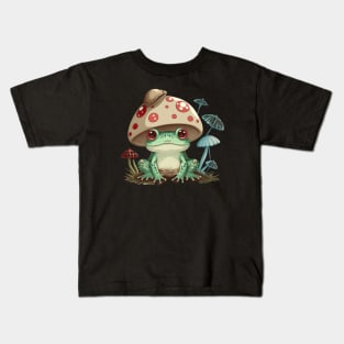 Kawaii Frog With Mushroom And Toadstools Kids T-Shirt